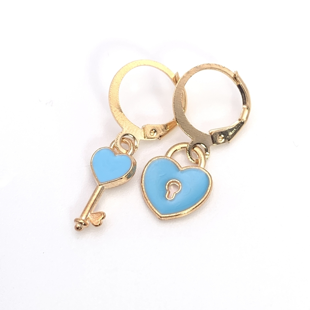 Mismatched Blue Heart Lock and Key Huggie Hoop Earrings